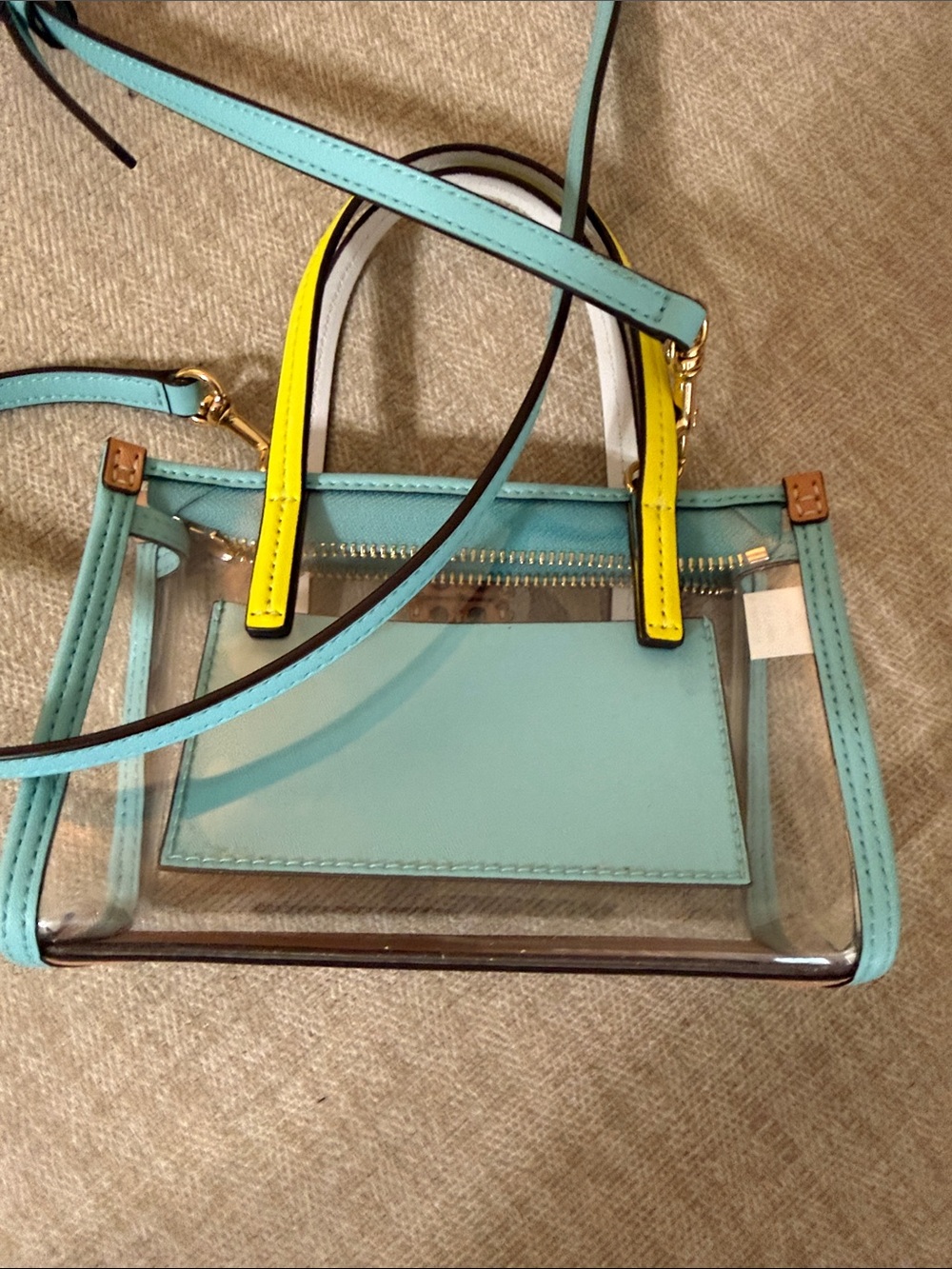 Tory Burch Clear Mini Tote in Aqua with Yellow Handles - Picture 3 of 6